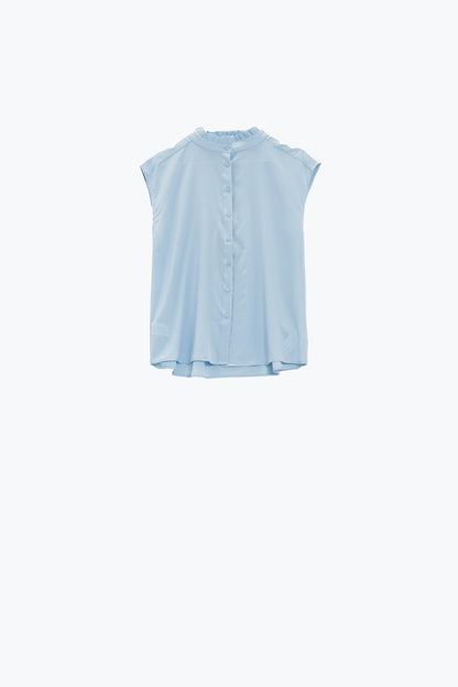 Blusa abotonada azul sin mangas con cuello mao