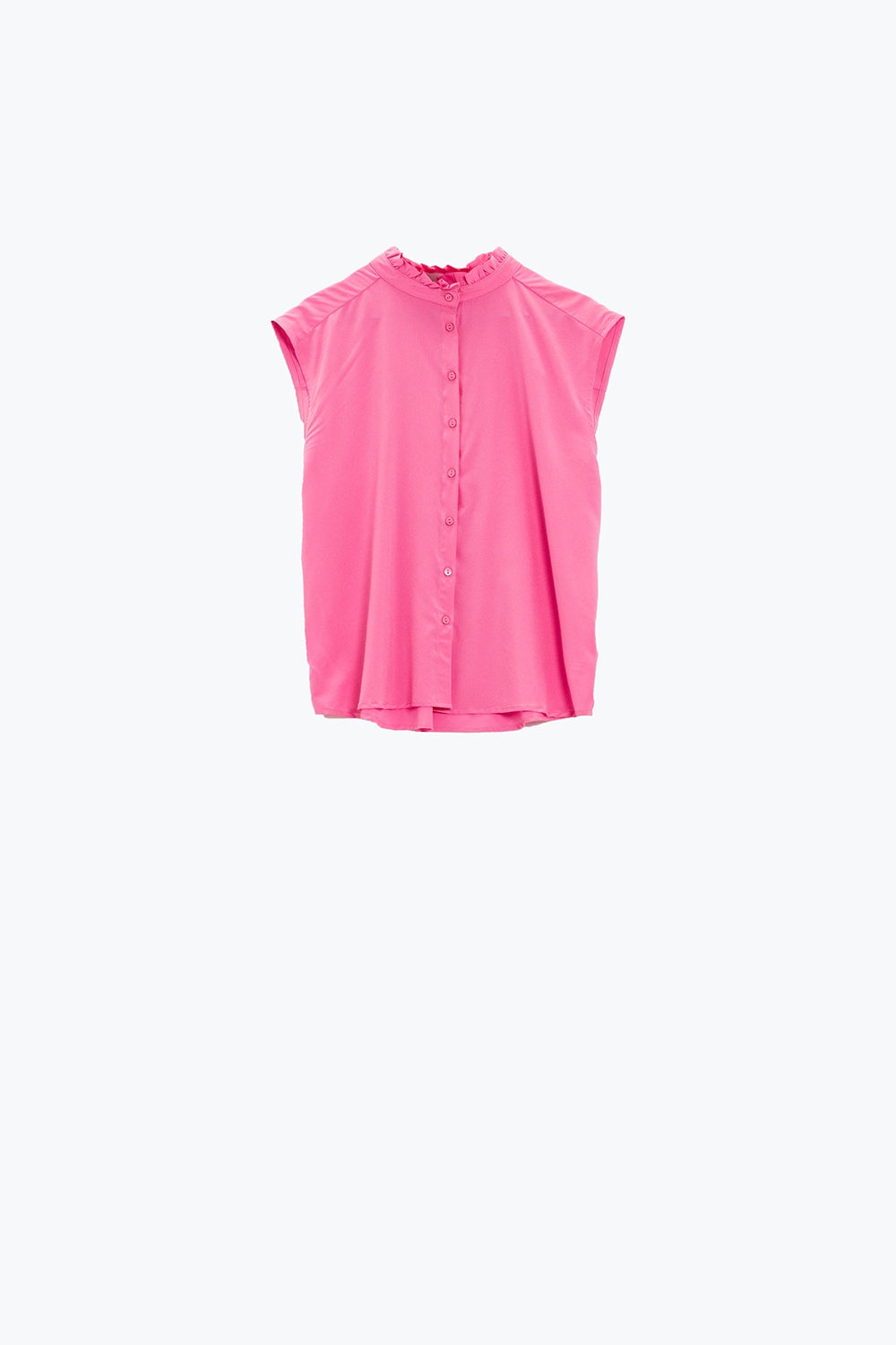 Blusa abotonada rosa sin mangas con cuello mao