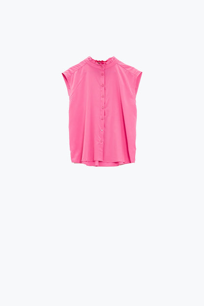 Blusa abotonada rosa sin mangas con cuello mao