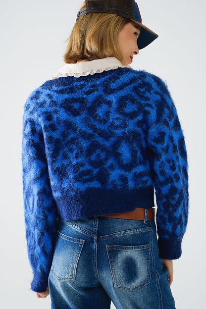 cárdigan azul con estampado de leopardo de punto con lana