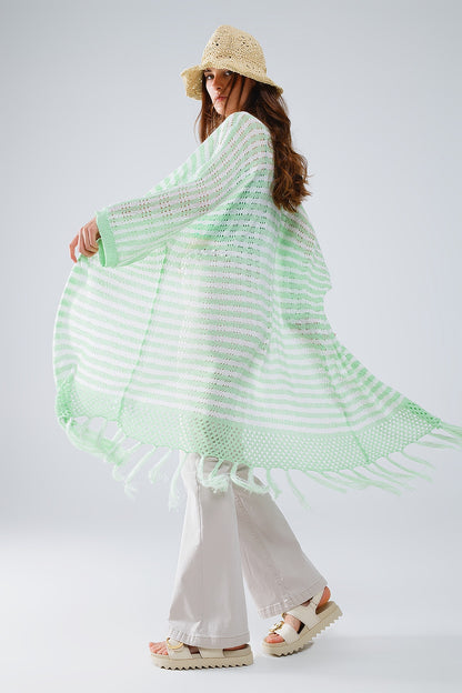 Q2 Cárdigan verde estilo boho con punto de pointelle a rayas y detalles de flecos