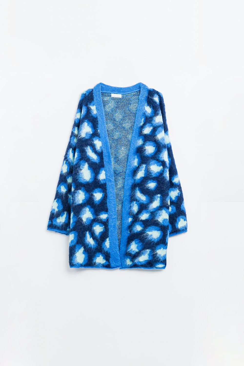 Chaqueta azul de lana con estampado de leopardo