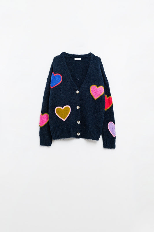 Q2 Chaqueta de punto azul marino con corazones bordados