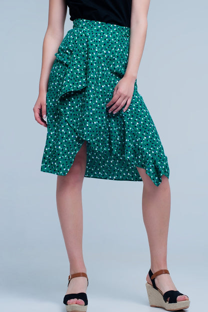 Q2 Falda midi verde con estampado floral de lunares y detalle de volante