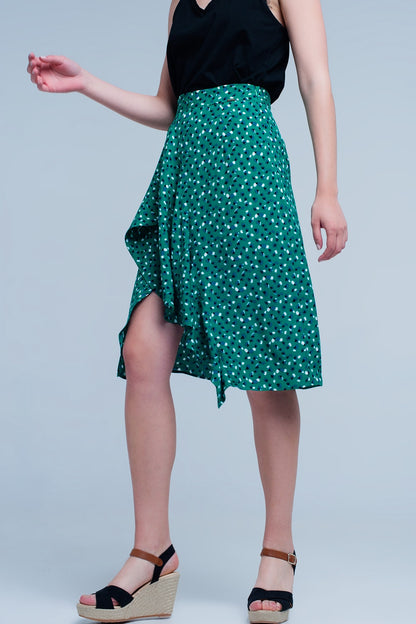 Falda midi verde con estampado floral de lunares y detalle de volante