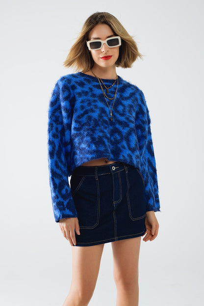 Jersey azul con estampado de leopardo de punto con lana