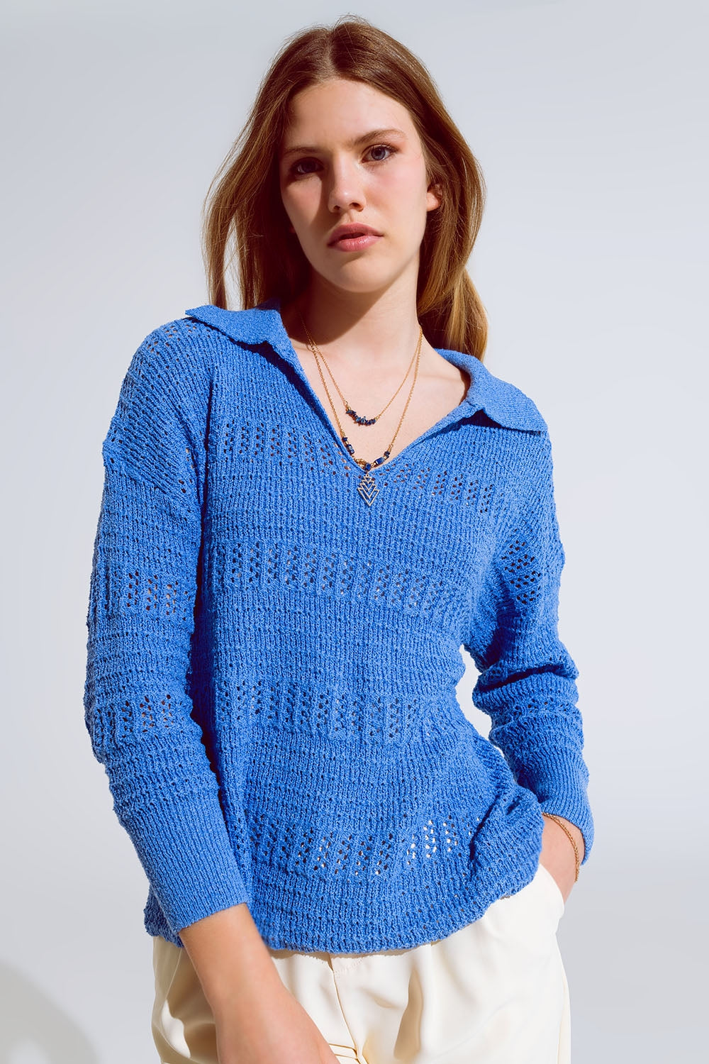 Jersey De Punto De Crochet Con Cuello En V Y Cuello Polo En Azul