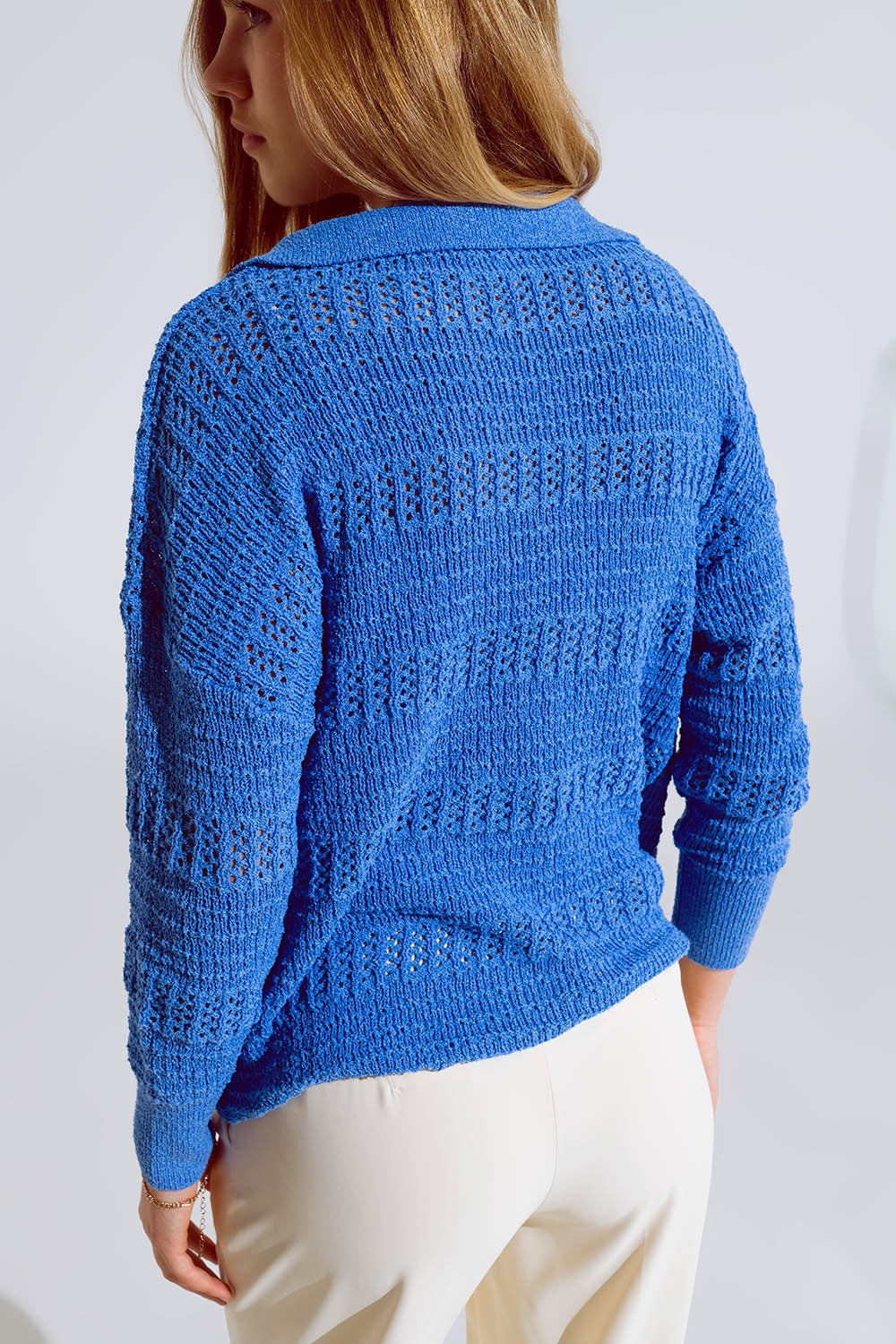 Jersey De Punto De Crochet Con Cuello En V Y Cuello Polo En Azul