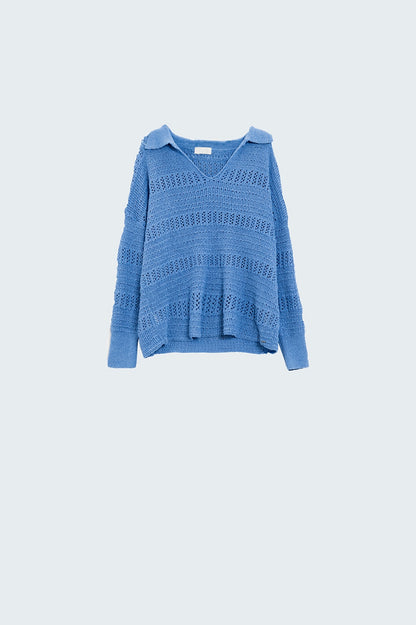 Jersey De Punto De Crochet Con Cuello En V Y Cuello Polo En Azul