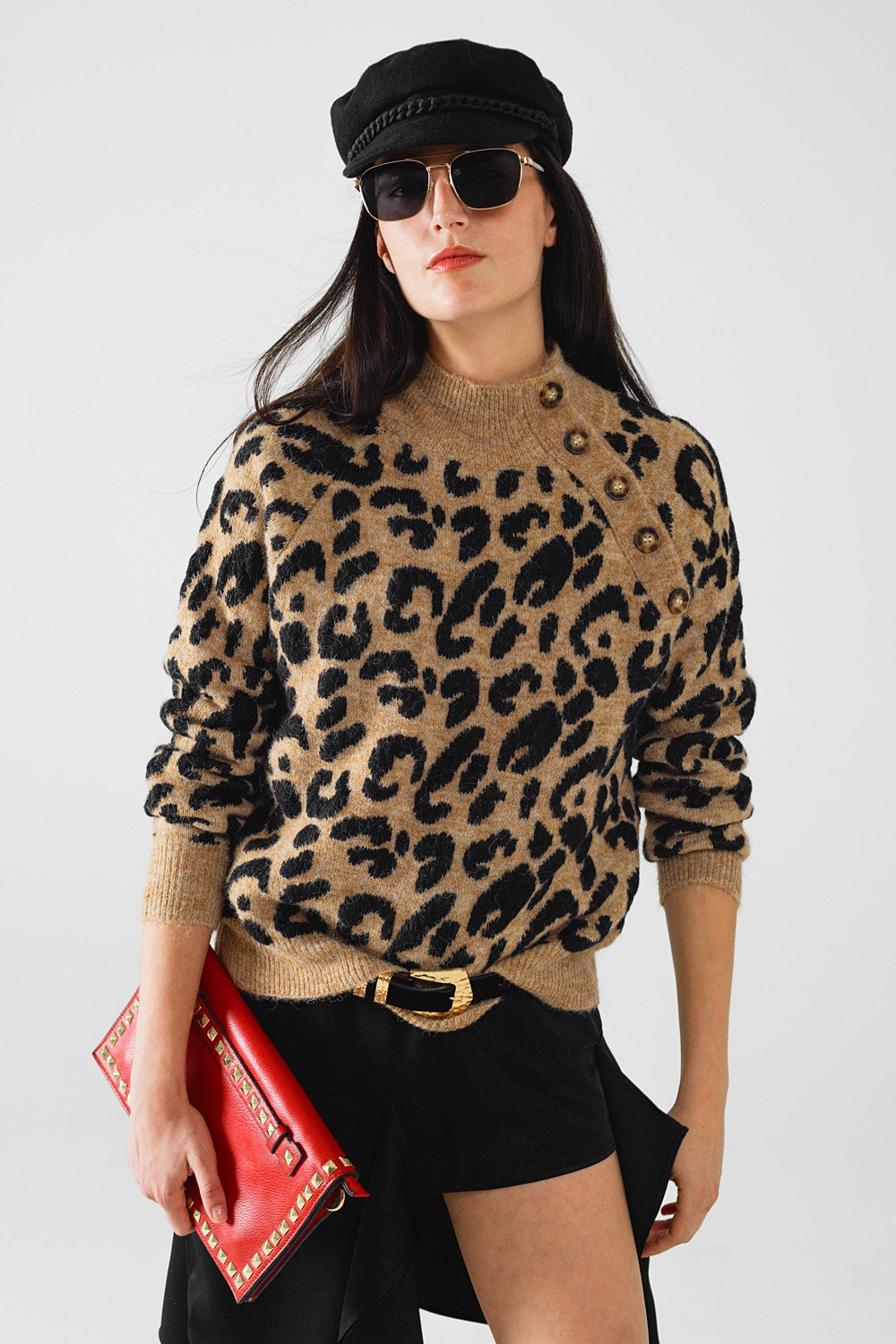 Q2 Jersey de punto de leopardo con botones laterales