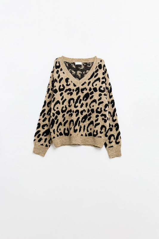 Q2 Jersey de punto suave con cuello de pico y estampado de leopardo