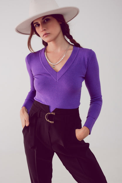 Jersey morado con escote V de punto fino