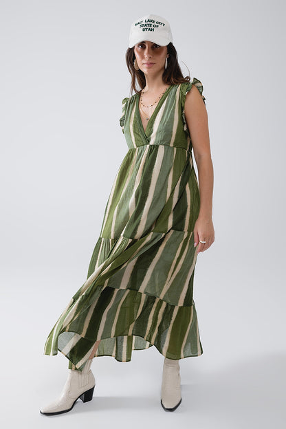 Maxi Vestido Con Cuello En V Y Falda Con Vuelos A Rayas Tie-dye Verde