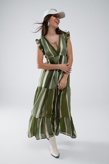 Maxi Vestido Con Cuello En V Y Falda Con Vuelos A Rayas Tie-dye Verde