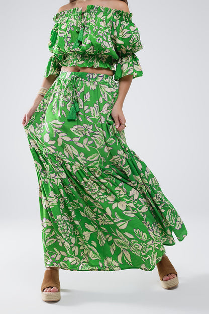 Maxifalda de tirantes con estampado floral verde