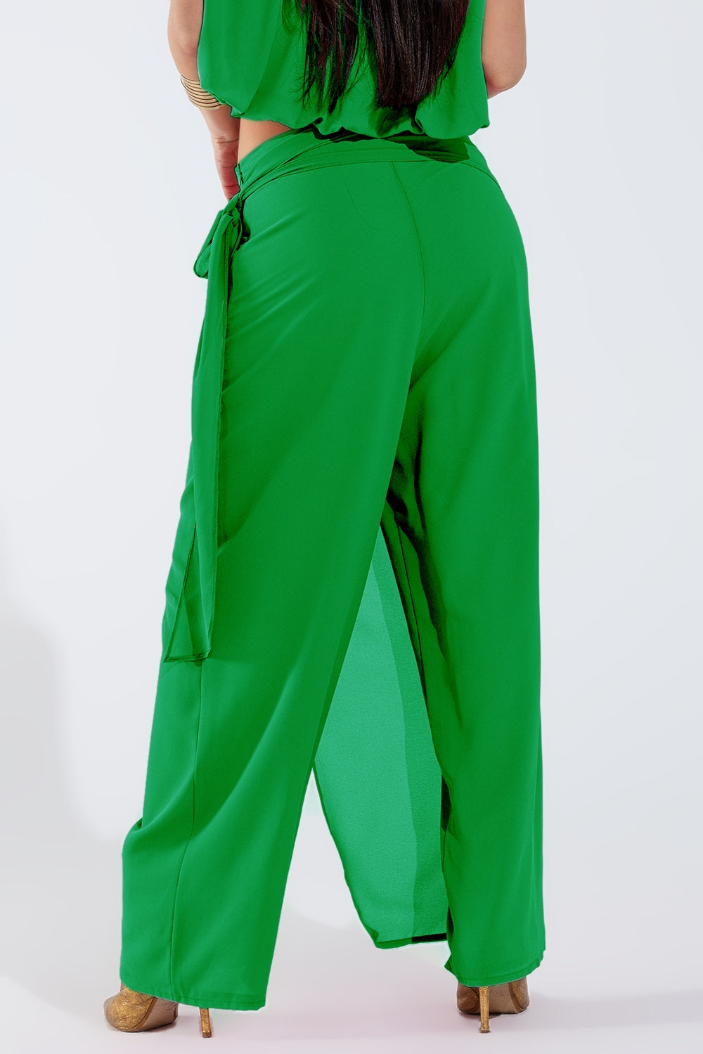 Pantalones anchos verdes Falda superpuesta Atada al Lado