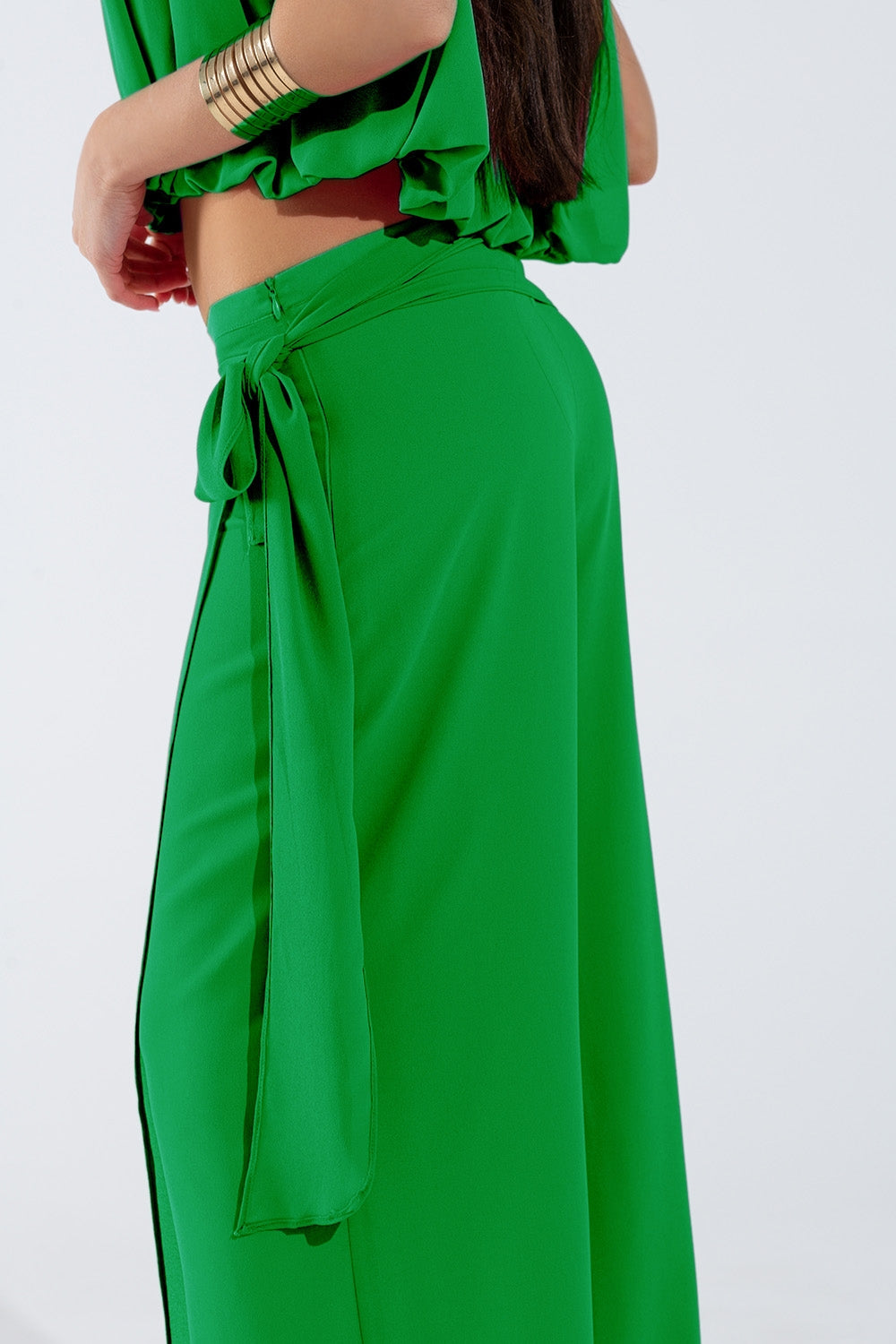 Pantalones anchos verdes Falda superpuesta Atada al Lado