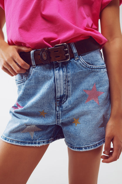 Shorts Vaqueros con estrellas laminadas en lavado claro