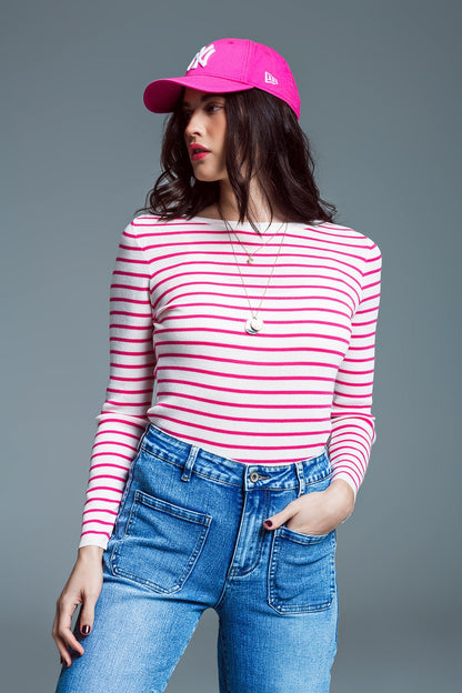 Slim Fit Suéter De Punto Fino Con Cuello Barco En Blanco Con Rayas Fucsia