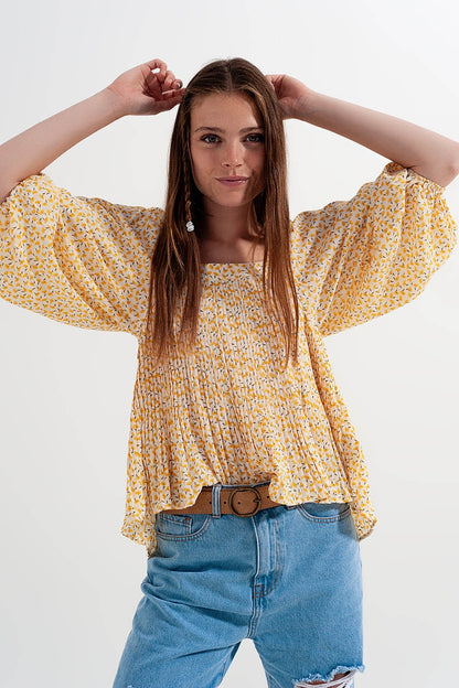 Top con escote cuadrado manga abullonada y estampado floral en amarillo