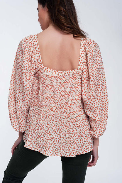 Top con escote cuadrado manga abullonada y estampado floral en coral