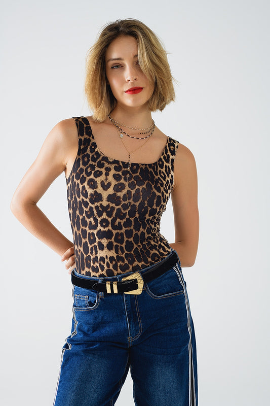 Q2 Top de tirantes de Spandex con estampado de leopardo