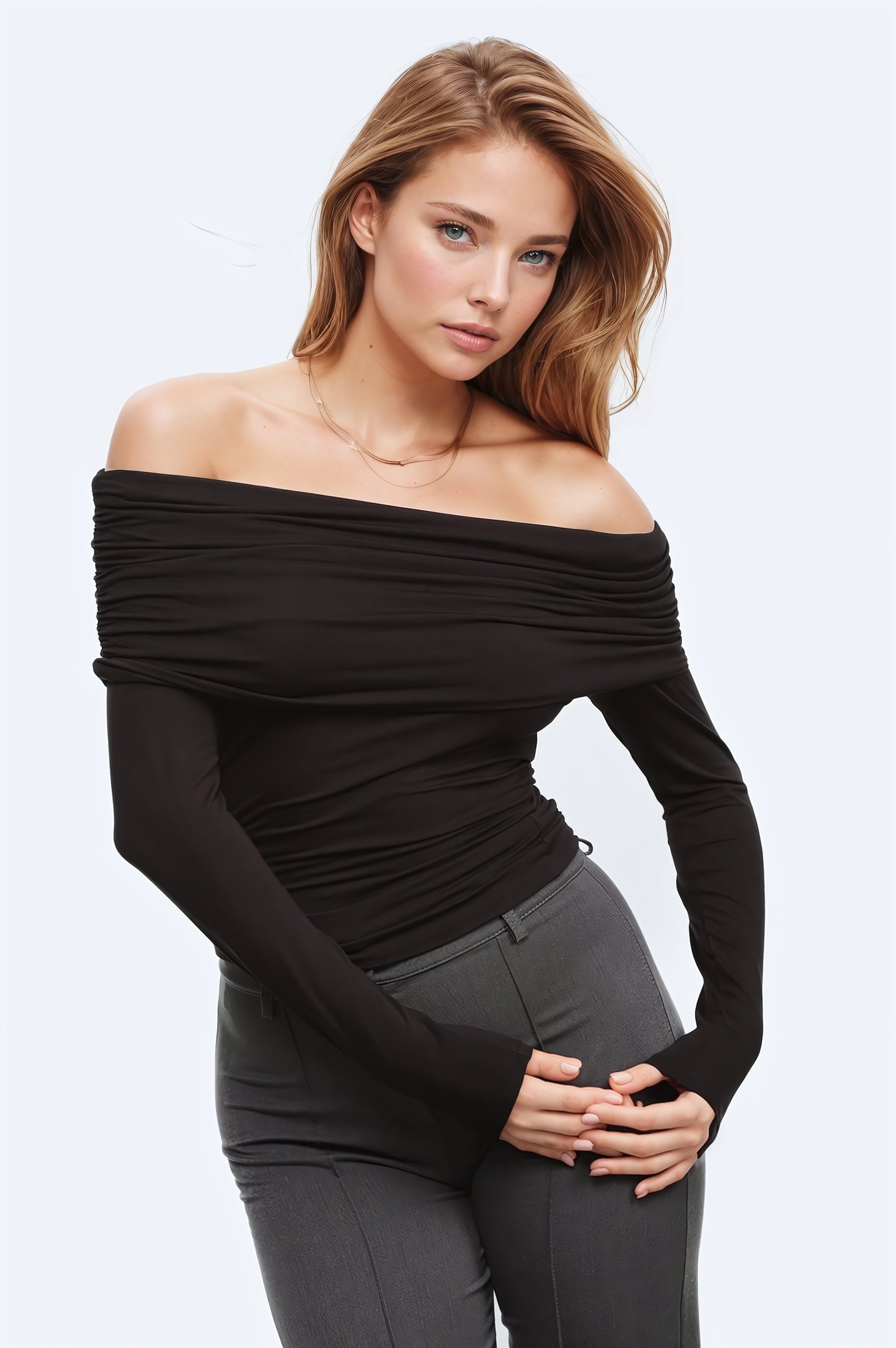 Q2 Top de viscosa Bodycon Sin Hombros En Negro