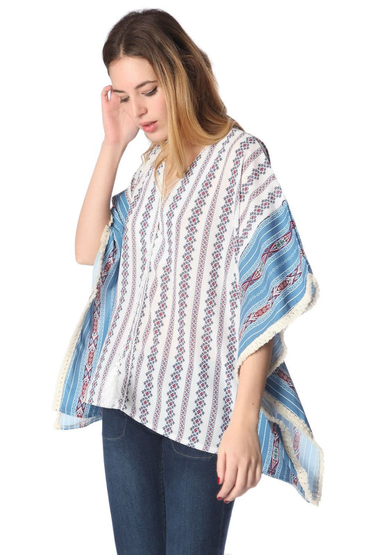 Q2 Top extragrande estilo poncho con estampado tribal azul