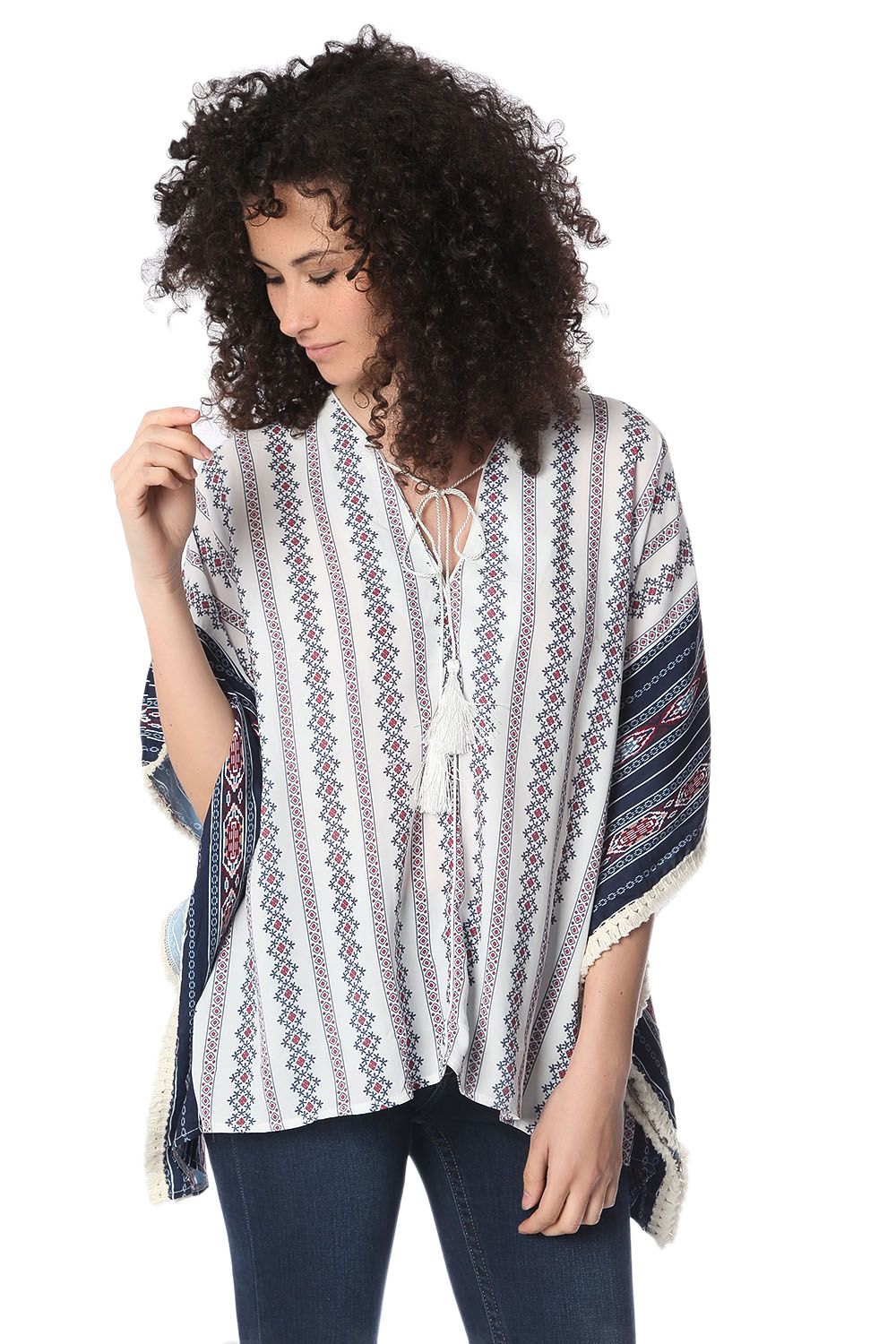 Q2 Top extragrande estilo poncho con estampado tribal marino