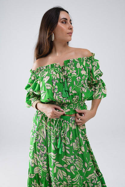 Q2 Top verde con hombros descubiertos y cintura elástica en estampado floral