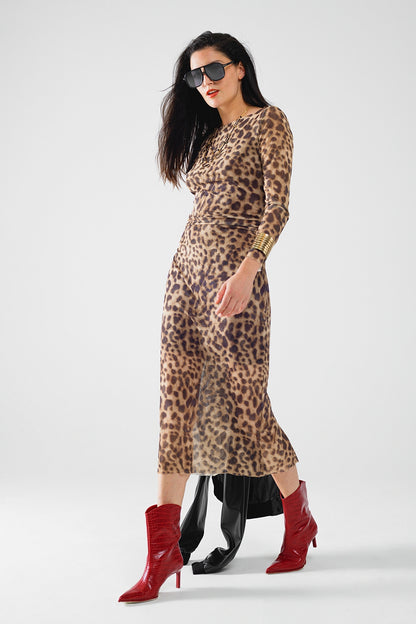 vestido bodycon midi transparente de manga larga con estampado de leopardo