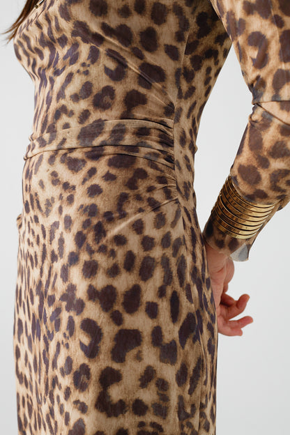 vestido bodycon midi transparente de manga larga con estampado de leopardo