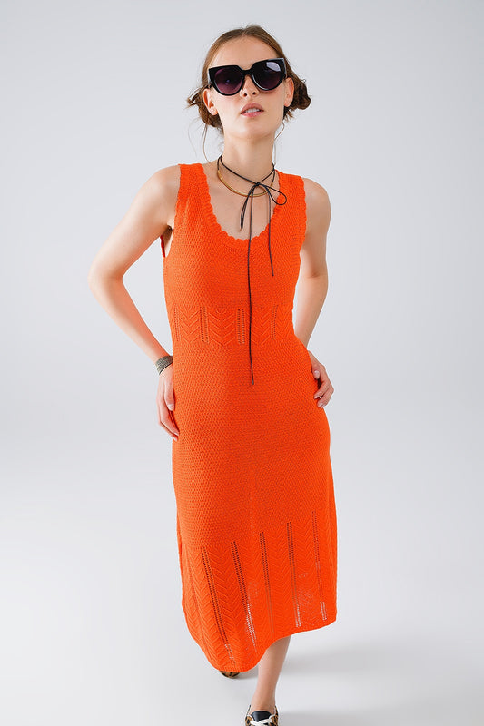 Q2 Vestido midi de punto naranja sin mangas y cuello redondo